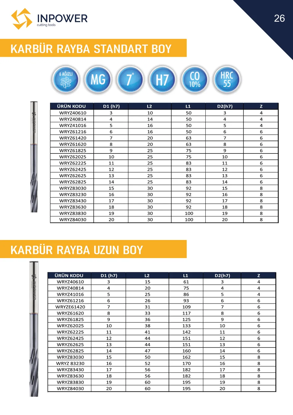 Karbür Rayba Standart Boy teknik katalog sayfası